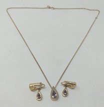 Avon Purple Teardrop Gold Glass Gem Necklace &amp; Clip On Earrings Pair Mat... - $9.89