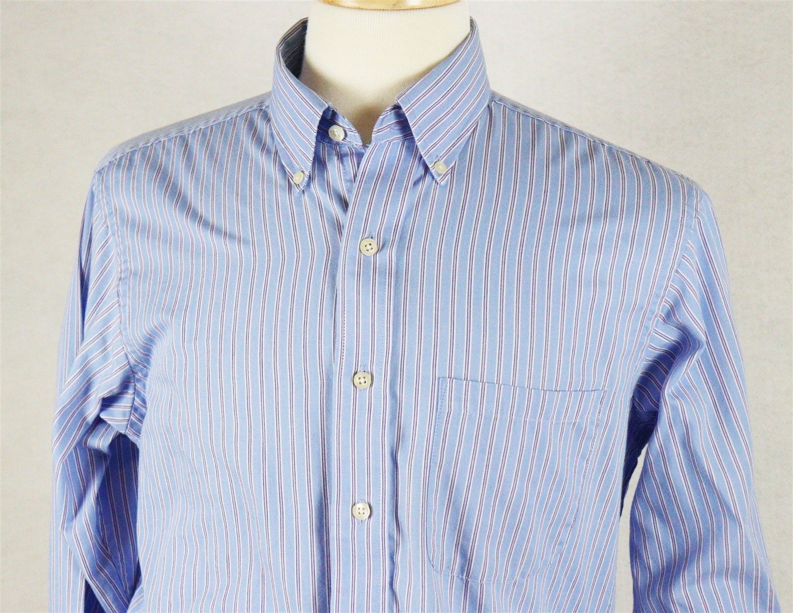 Chaps Mens Long Sleeve Blue Striped Wrinkle Free Shirt Size Medium 15 1 ...