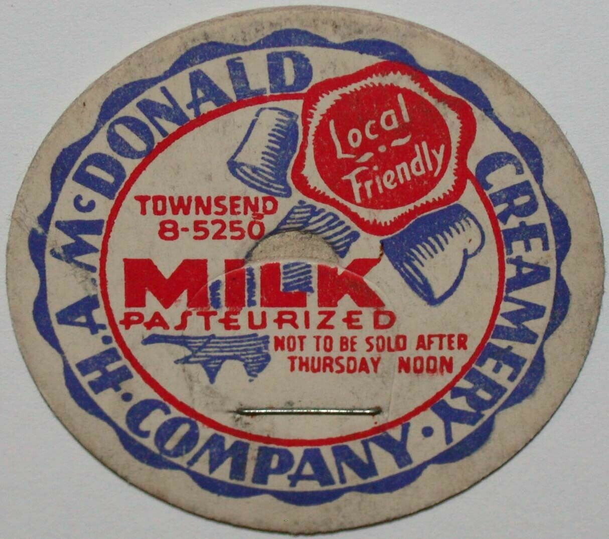 Vintage milk bottle cap H A McDONALD CREAMERY COMPANY for Thursday Detroit Mich - $9.99