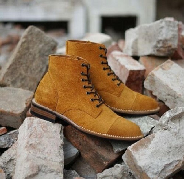 Handmade Ankle Boot Camel Color Cap Toe Suede Leather Boot For Men's