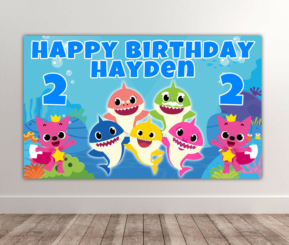 2 X BABY SHARK Personalised Birthday Backdrop - Baby Shark Banner 40x24 ...