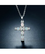 Easter Cross Necklace Opal Gemstone White Gold Rhinestone Religious Jewelry - $30.00
