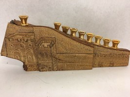 Olive Wood Hannuka Menorah Brass Candle Holders Jerusalem Israel Carving - $205.90