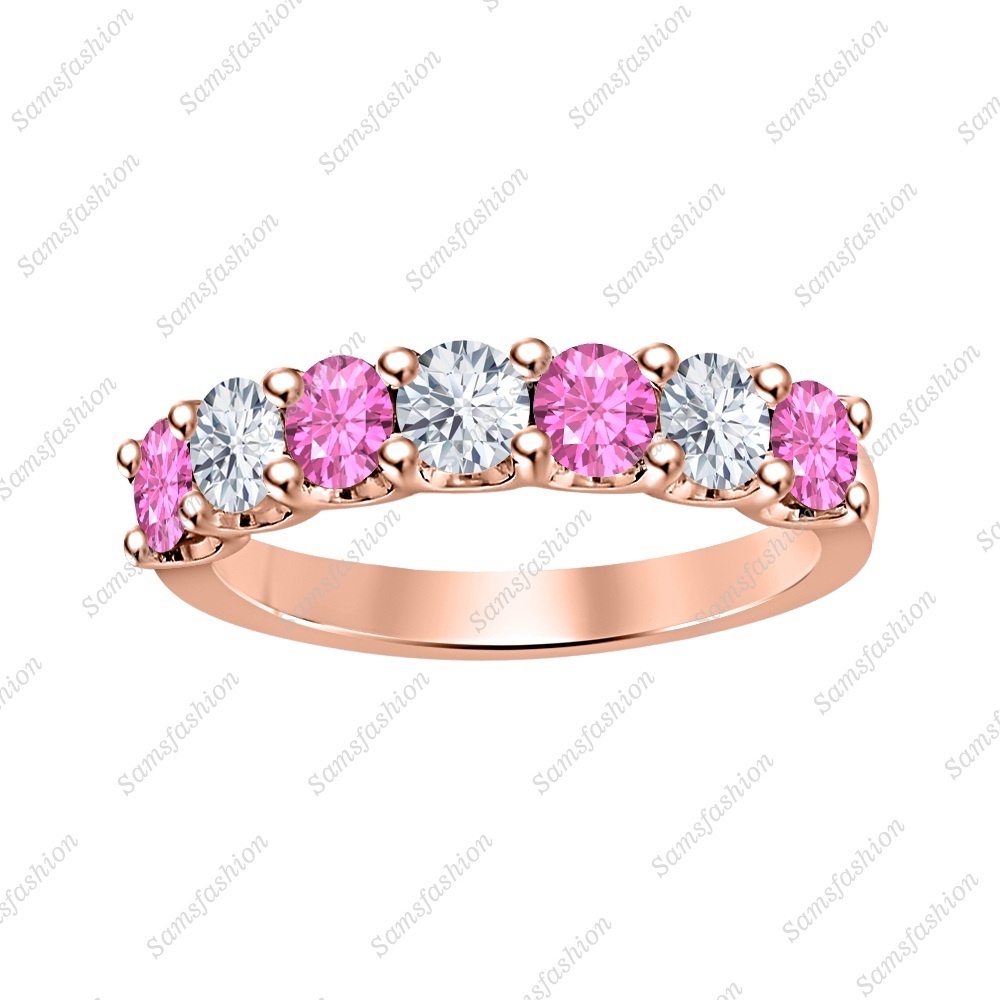 Round Cut Pink Sapphire 14k Rose Gold Over Half Eternity Wedding Band Ring