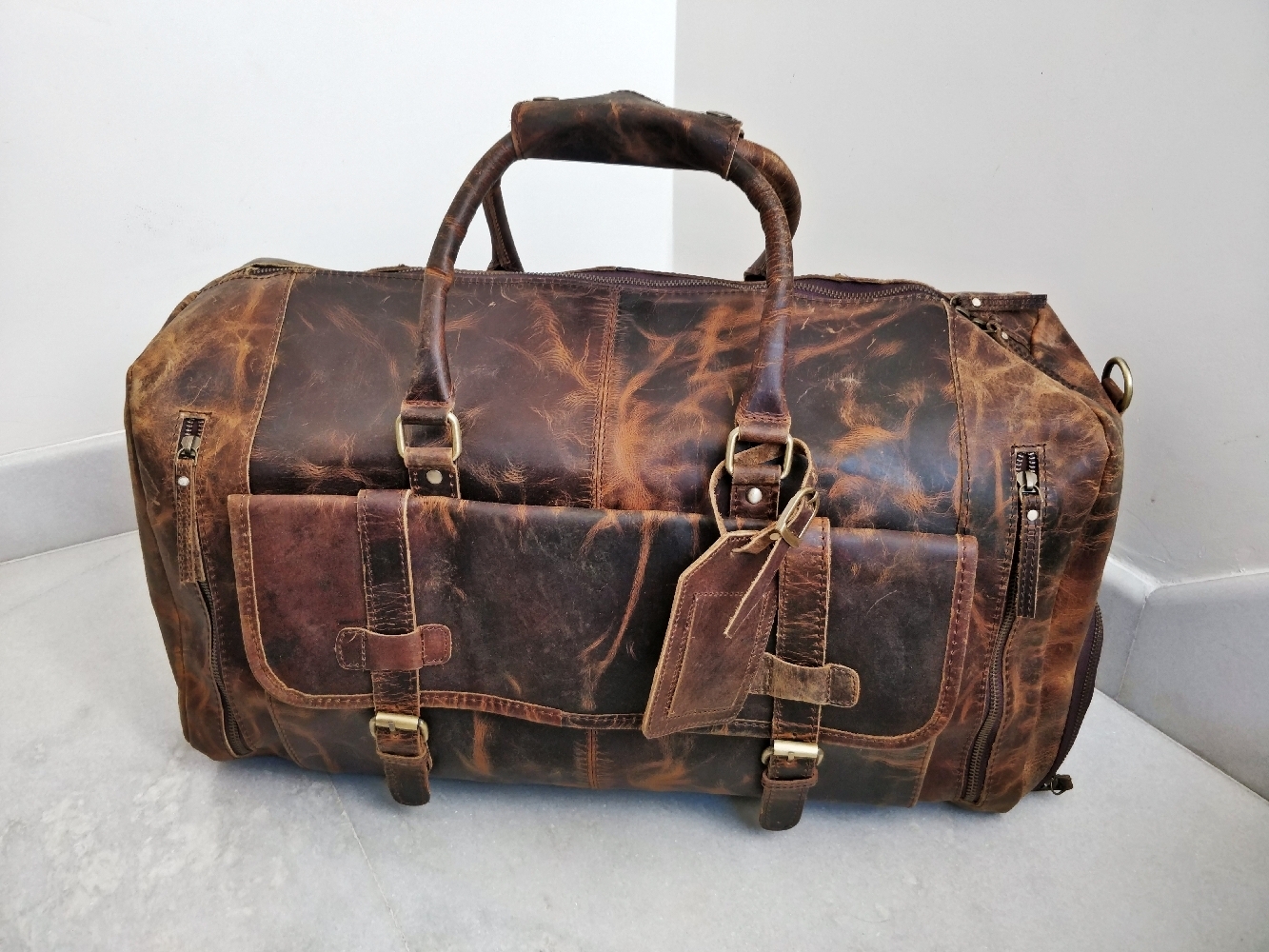 Handmade Distressed Leather Duffle Bag Large Travel Bag Mens Weekender Bag 24&quot; - Luggage