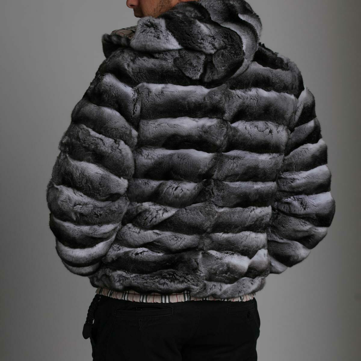 Men's Hooded Chinchilla Fur Bomber Jacket Reversible - Outerwear