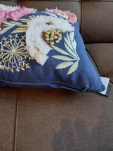Magaschoni Decorative Pillow, Floral Dark Blue, Embroidered Flowers, Cotton image 6