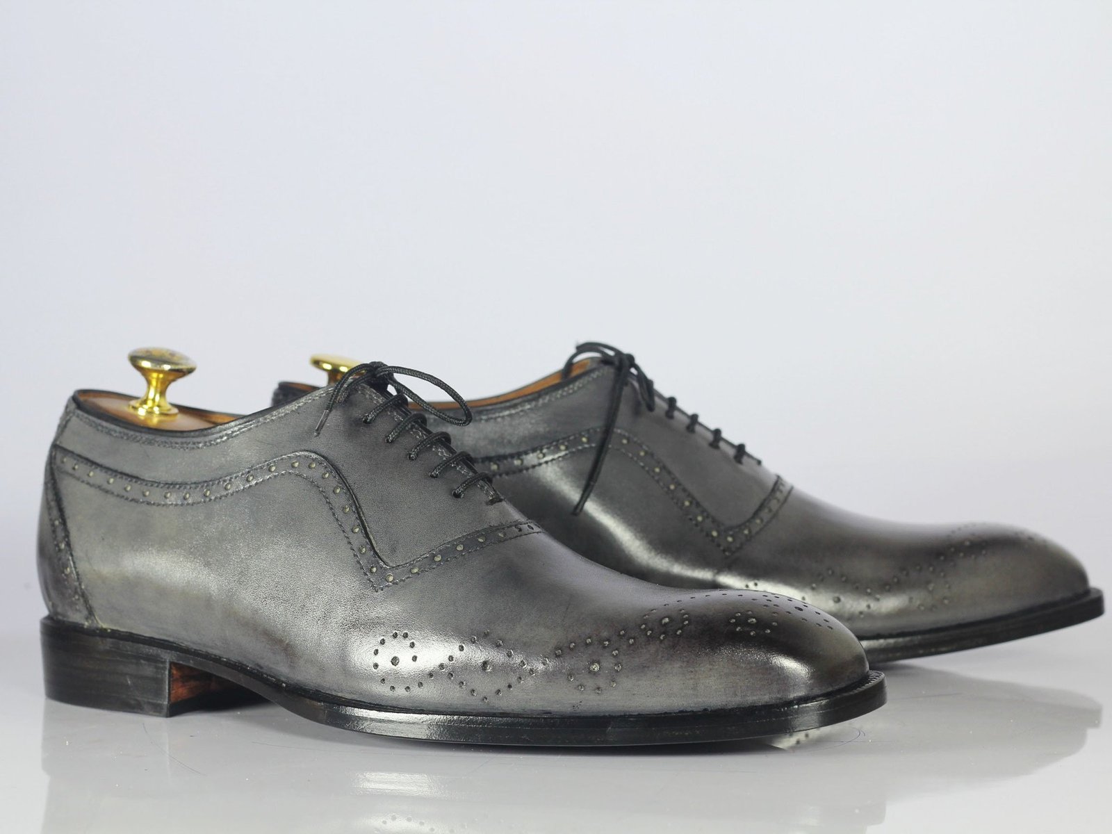 Handmade Men's Gray Leather Wing Tip Brogue Shoes, Men Designer Fashion