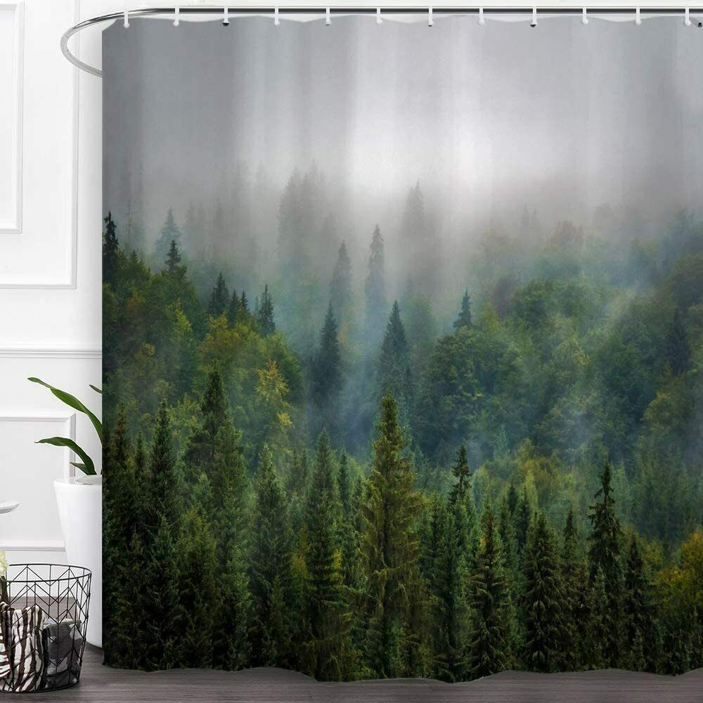 Green Gray Mist Pine Tree Forest Landscape Mountain Nature Fabric ...