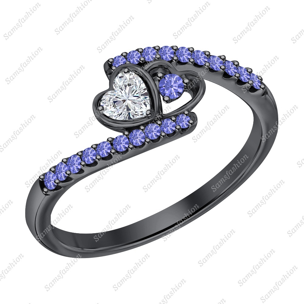 Heart Shaped Diamond & Tanzanite 14k Black Gold 925 Double Heart Promise Ring