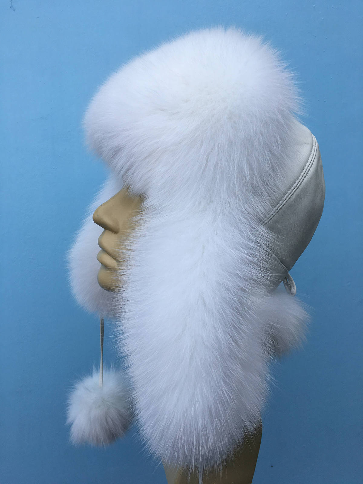 Arctic Fox Fur Ushanka Hat White Leather Pure White Fox Pompom Saga - Hats