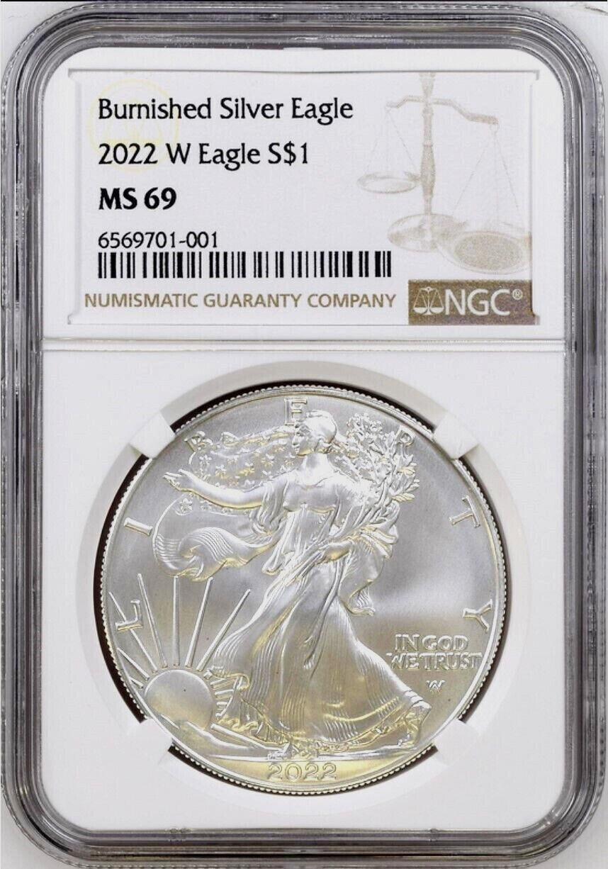 2022 w burnished american silver eagle, ngc ms69, brown label, w/ ogp, in hand