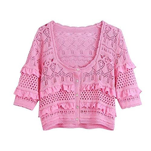 Ruffles Patchwork Hollow Out Short Knitting Sweater Female Short Sleeve Chic Car