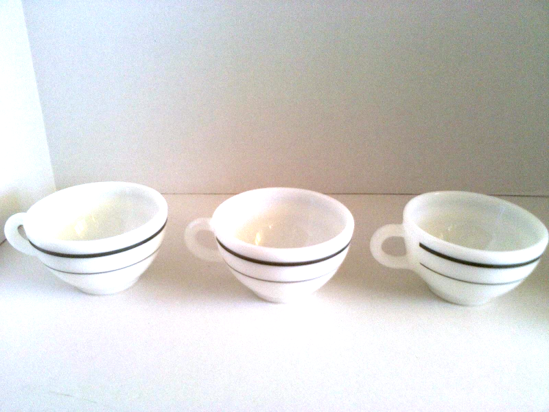 5 Vintage Pyrex Corning Milk Glass Coffee Cups  Green Stripe Tea Mugs 