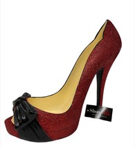 Red Wine Bottle Holder Stiletto Shoe 8" High Glitter with Black Bow Poly Stone image 2