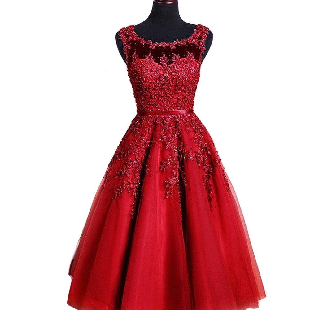 Kivary Sheer Bateau Tea Length Short Lace Prom Homecoming Dresses Custom Made Wi