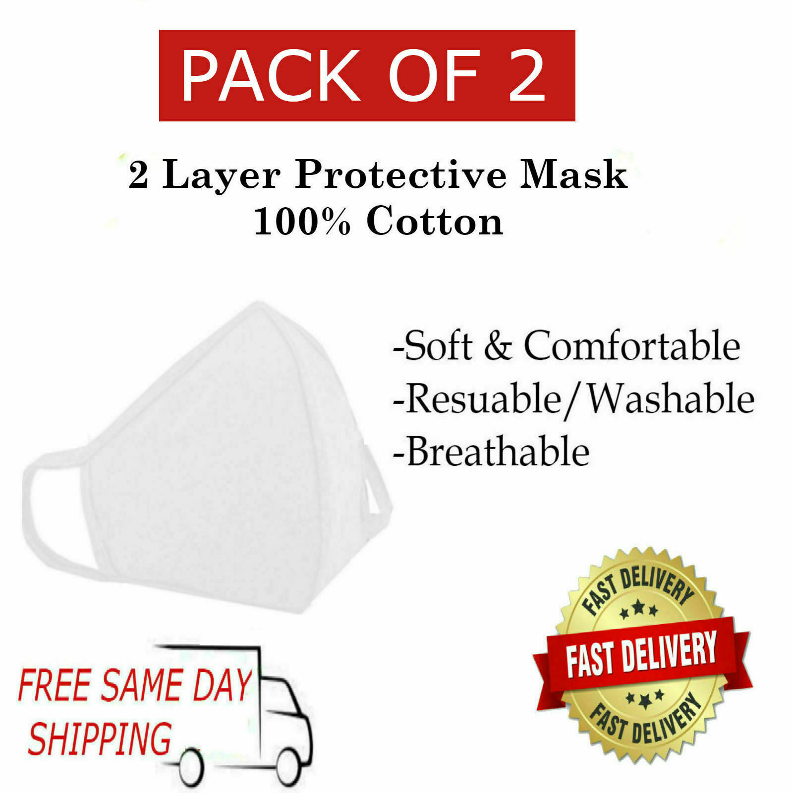 2 Pack/ Pcs 100 % Cotton Breathable Reusable Washable Adult White Face Mask