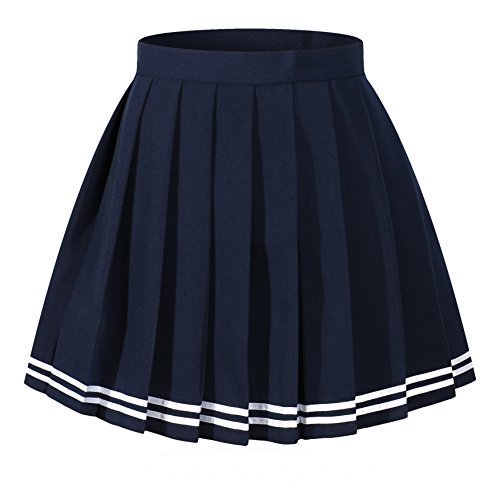 Women`s Versatile White stripes scottish Pleated Summer Skirts (S,Blue white str