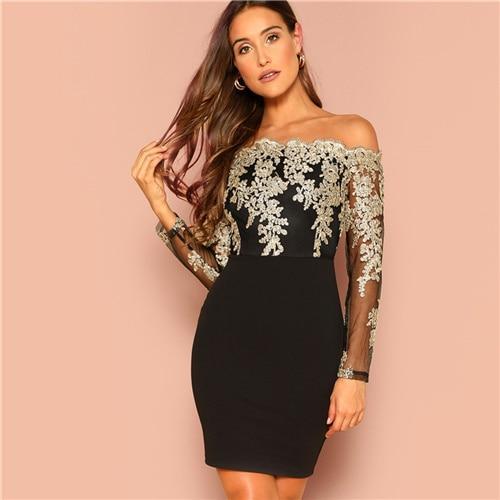 SHEIN Black Sexy Off the Shoulder Embroidered Mesh Bodice Bardot ...