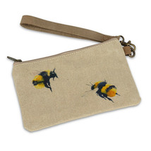 Bee Zip Pouch with Leather Carrying Strap Flax Color w Zipper Closure and Lined image 2