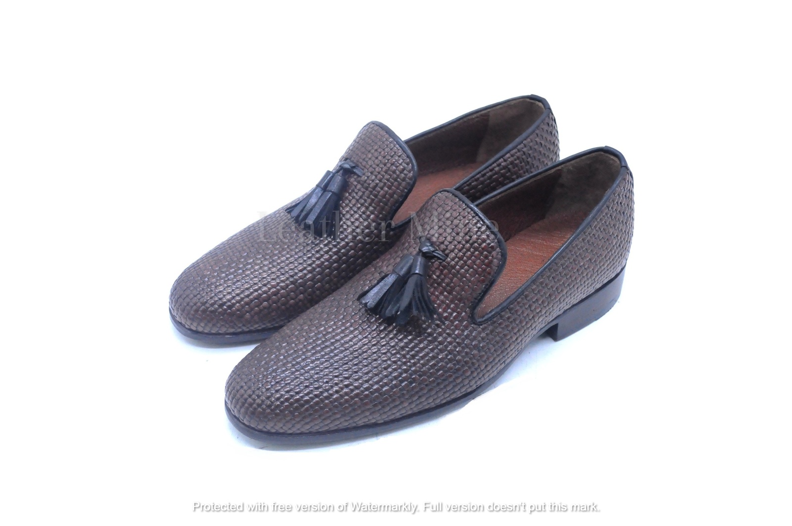 Leather Brown Woven Loafers shoes Men's, Handmade Formal Custom Made Shoes