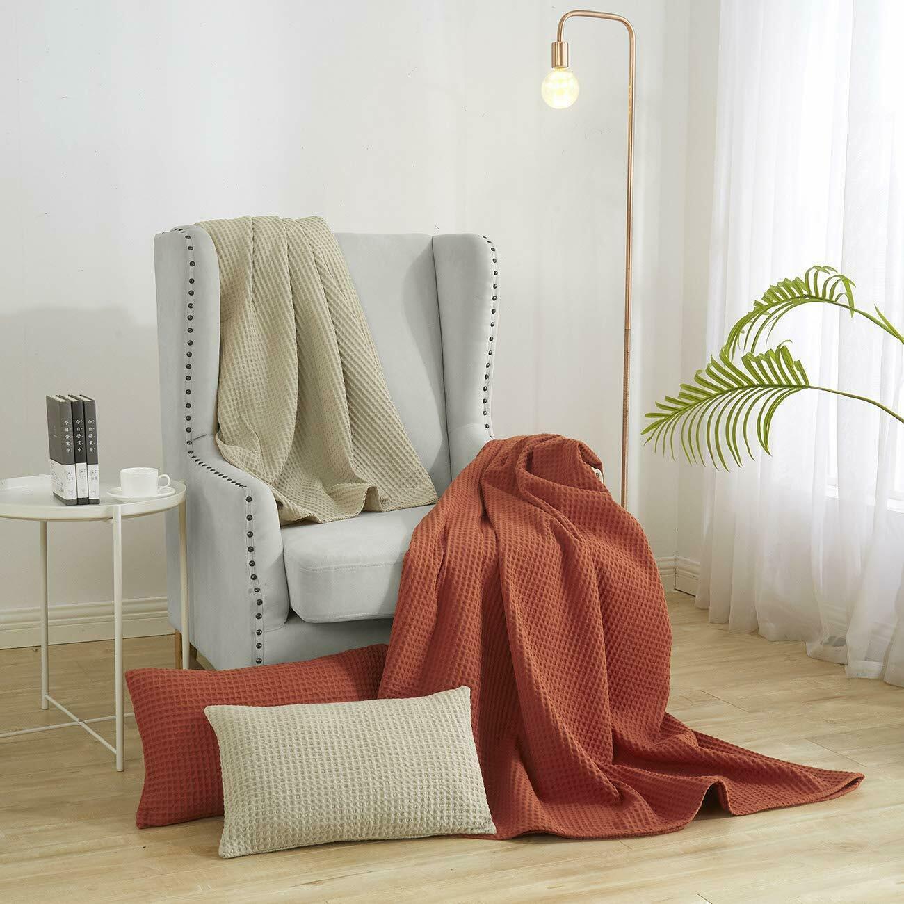 King Blanket Waffle Weave 108" x 90" Beige Soft 100 Cotton Bedding