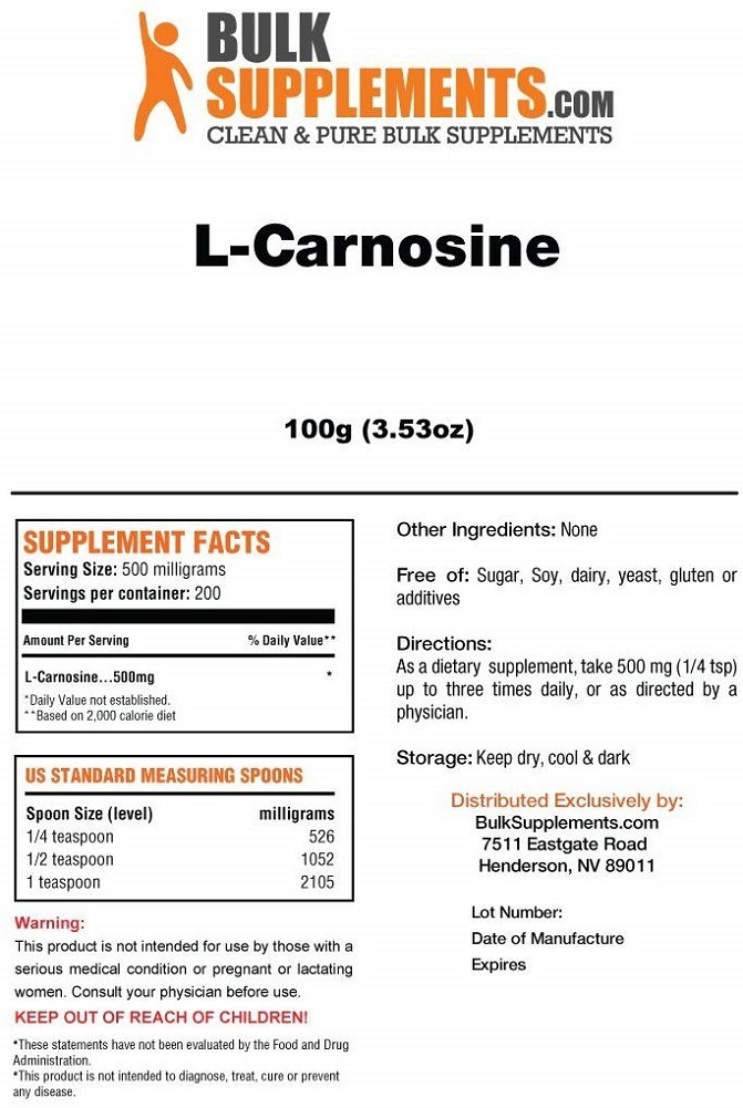 BulkSupplements L-Carnosine Powder (100 Grams)