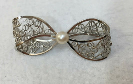 Brooch Pin Ribbon Bow 925 Sterling Silver Filigree A&amp;Z Faux Pearl Cut Out - $14.84