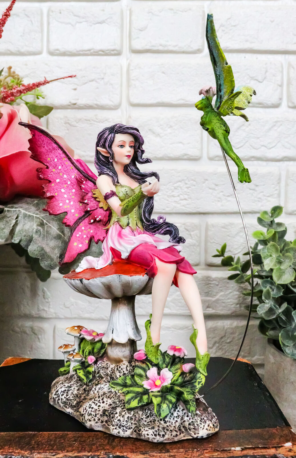 Whimsical Pink Elf Fairy With Flying Frog Fairy Messenger Decorative Figurine...