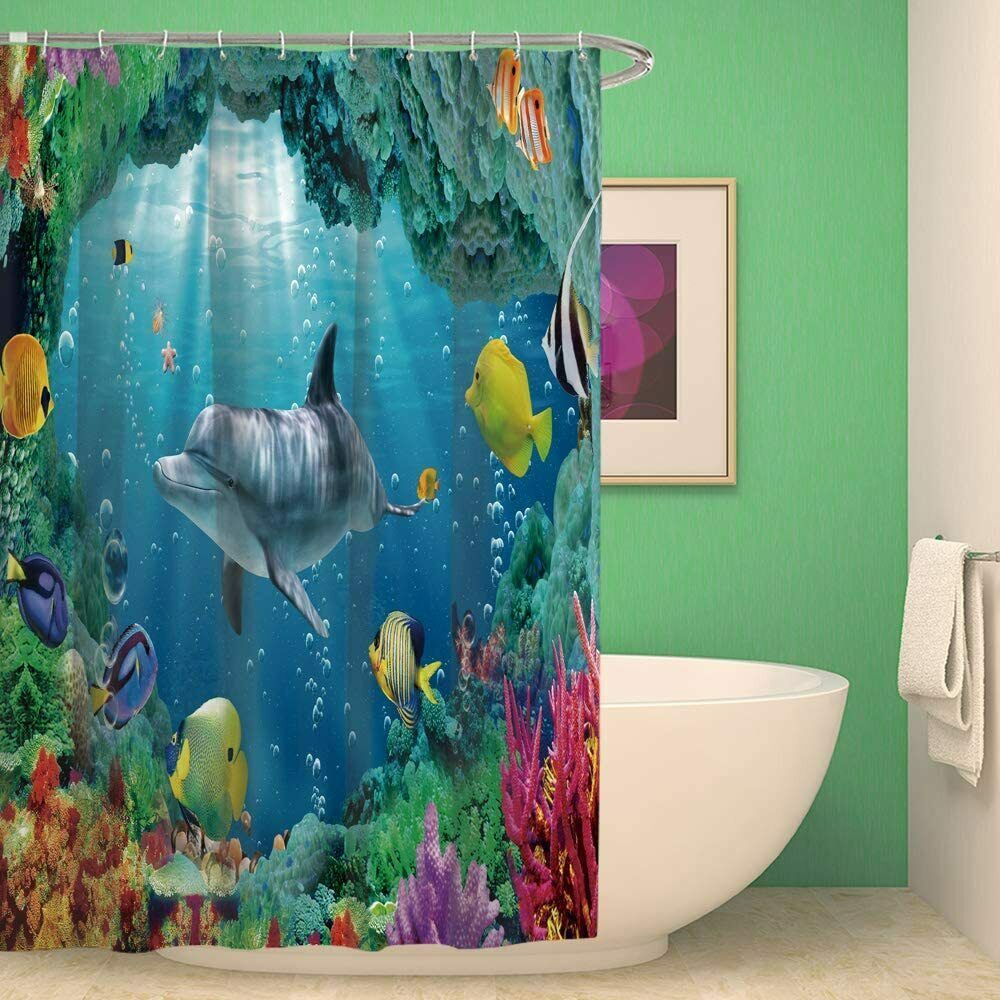 Tropical Fish Underwater Coral Reef Dolphin Ocean Sea Fabric Shower Curtain Shower Curtains