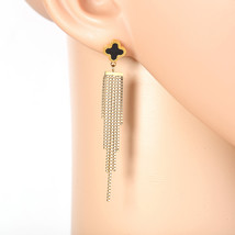 Gold Tone Drop Earrings with Jet Black Faux Onyx Clover and Tassels - $32.99