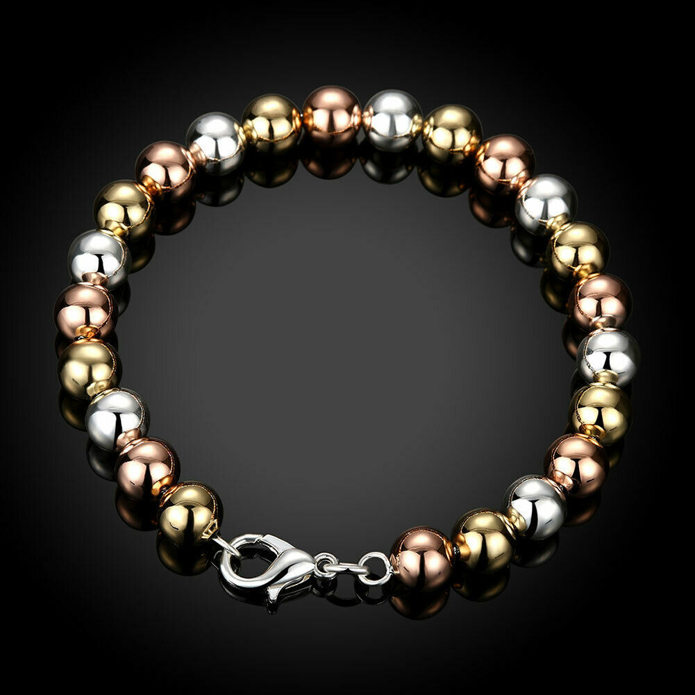 Yellow Gold Layered Rose Gold and Silver Balls Charm Teens Women Bracelet 7.5
