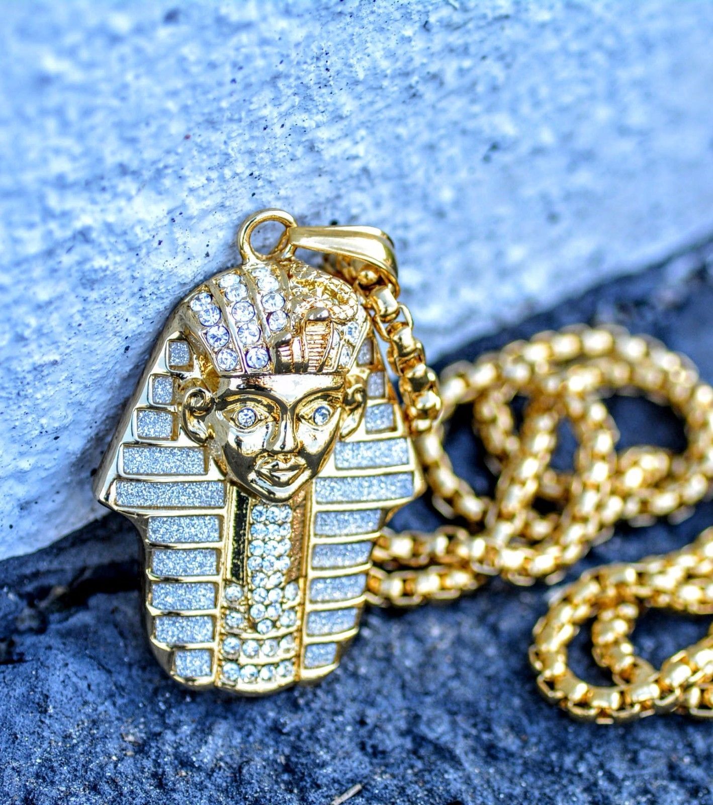 Iced Out Large Egyptian King Tut Pendant Stainless Steel Necklace with
