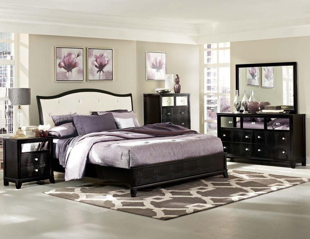 2299KW1CK 4p Black Wood Cal King Bedroom Set Curved Leather Headboard