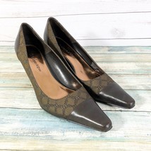 Etienne Aigner Brown Leather Logo-Chain Print Fabric Pointed Toe Heels S... - $23.38