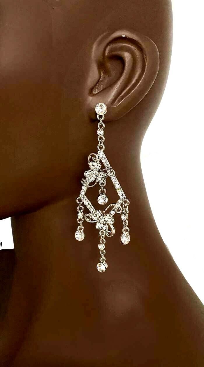 3.75" Long Clear Crystal Bridal Evening Wedding Party Dainty Chandelier Earrings - $15.27