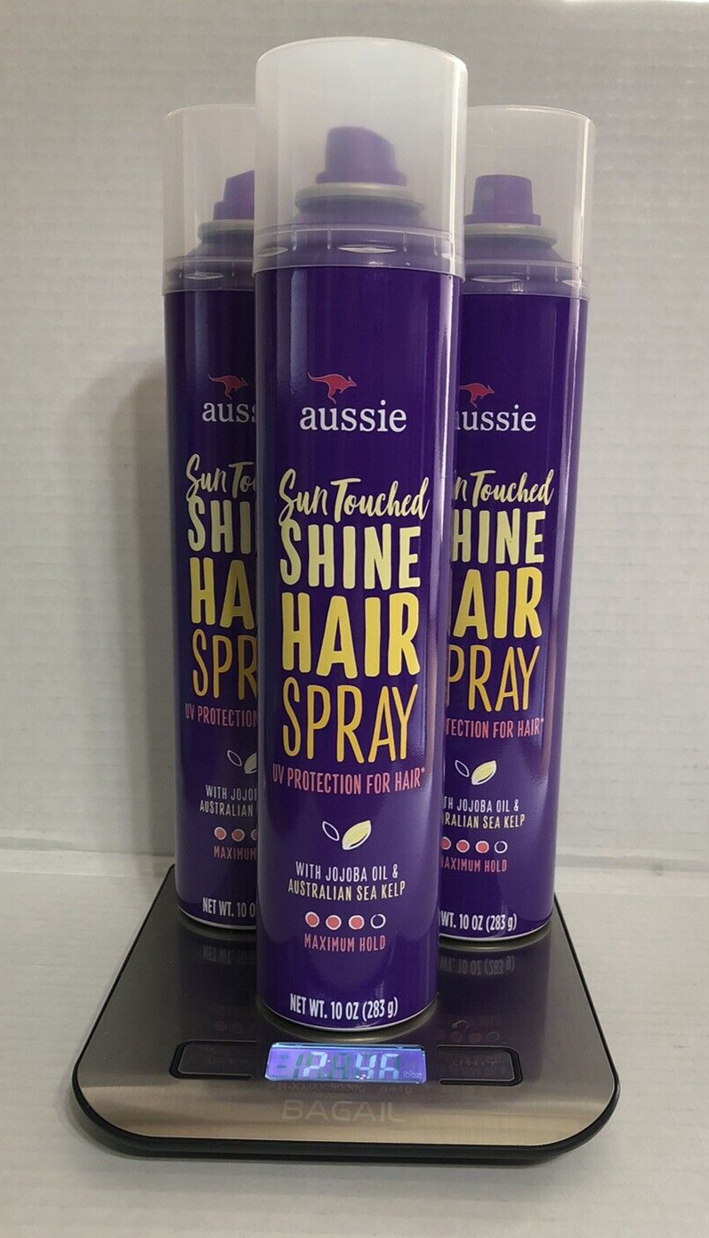 3 Aussie Sun Touched Shine Hairspray Max Hold Jojoba Oil & Sea Kelp 10