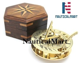Nautical Solid Brass Round Sundial Compass with Design Rosewood Box, Brass