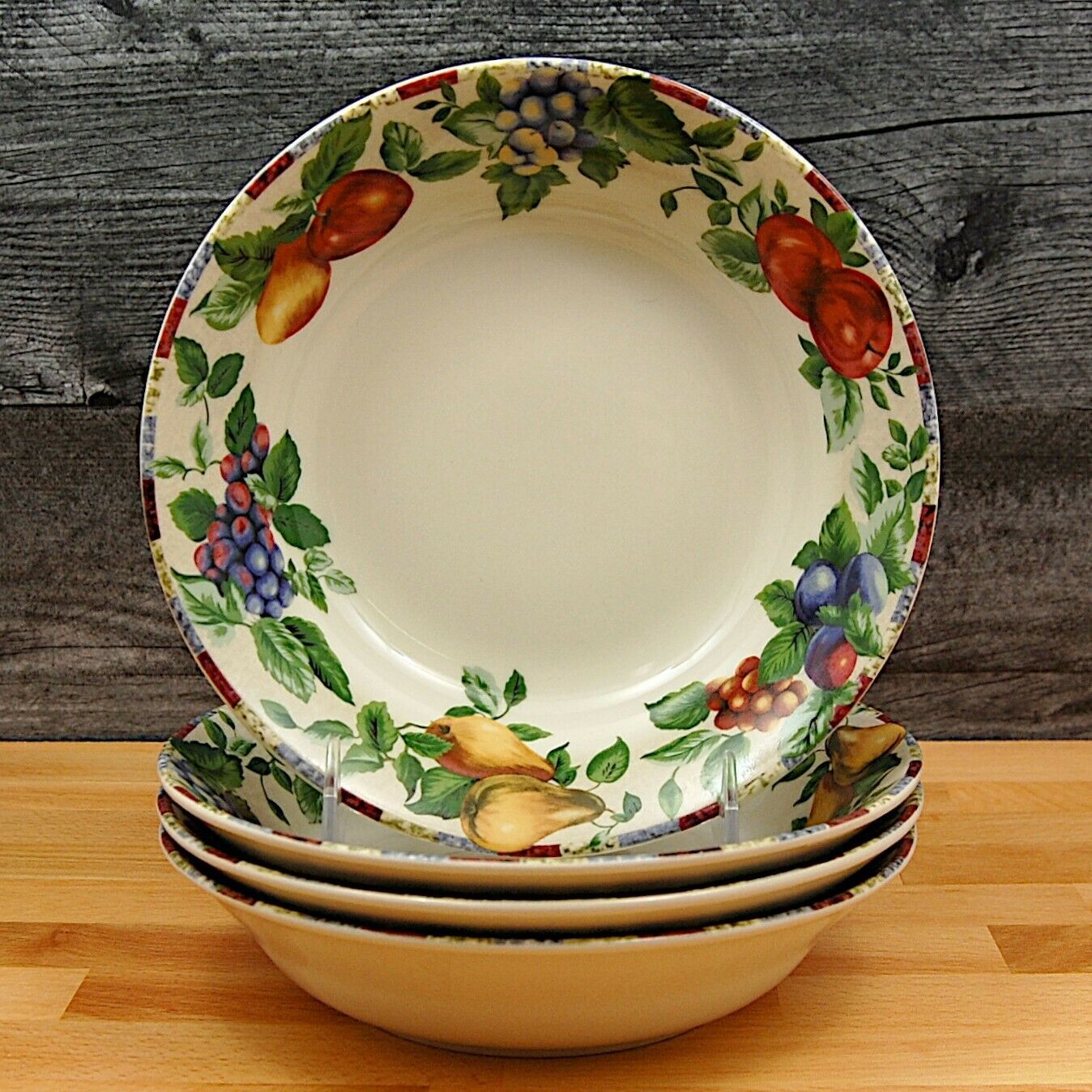 Sakura by Oneida Coupe Soup Bowl Set of 4 Stoneware Fruit Pattern