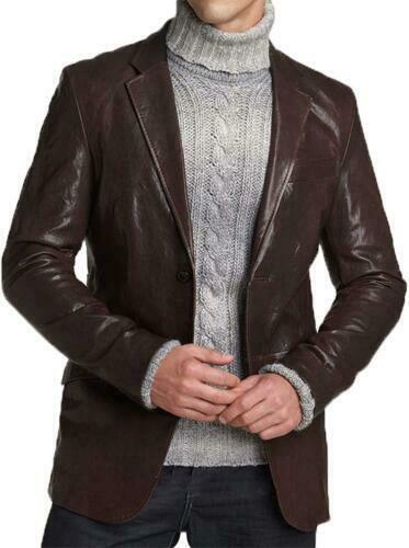 Mens Genuine Lambskin Soft Real Leather Blazer TWO BUTTON Slim fit Coat Jacket