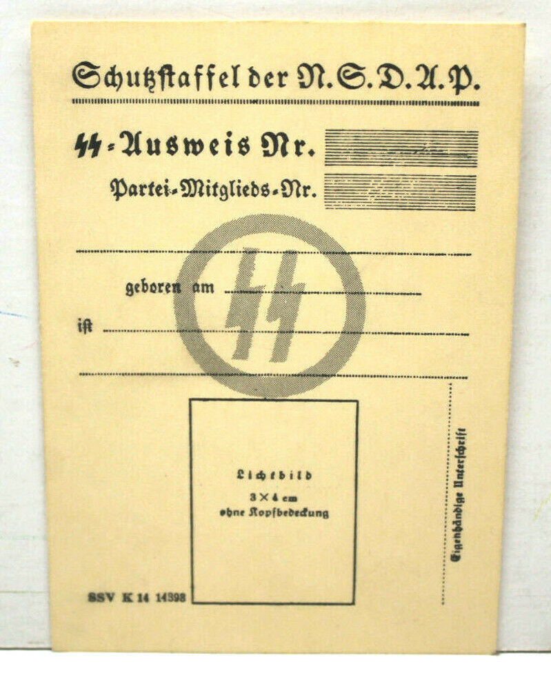WW2 Original Blank SS Party Identification Card Signed H. Himmler