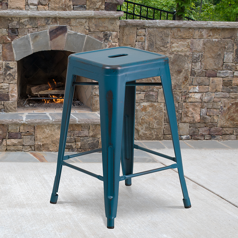 Flash Furniture - Distressed blue metal stool et-bt3503-24-ab-gg