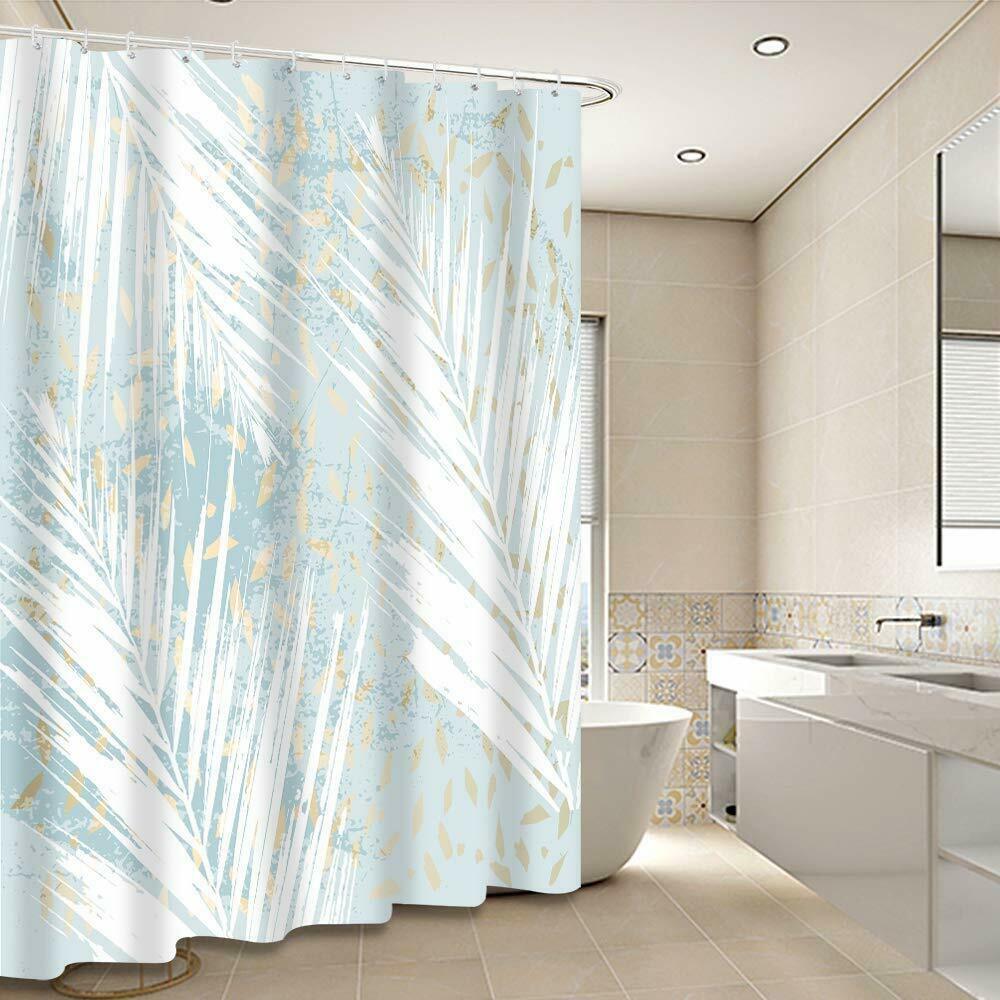 Blue White Gold Leaves Contemporary Waterproof Fabric Shower