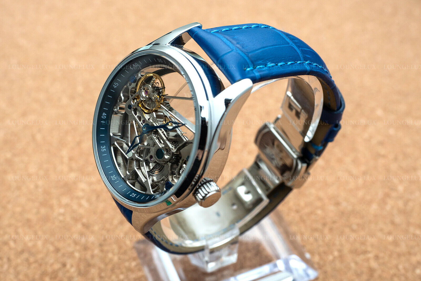 Mens Flywheel Bridge Movement Automatic Mechanical Watch Silver Blue