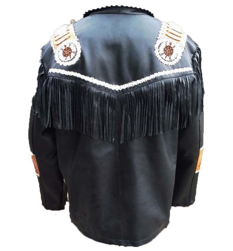 Uomo Pelle Nero Frangia Native American Western Stile Cowboy Giacca ...