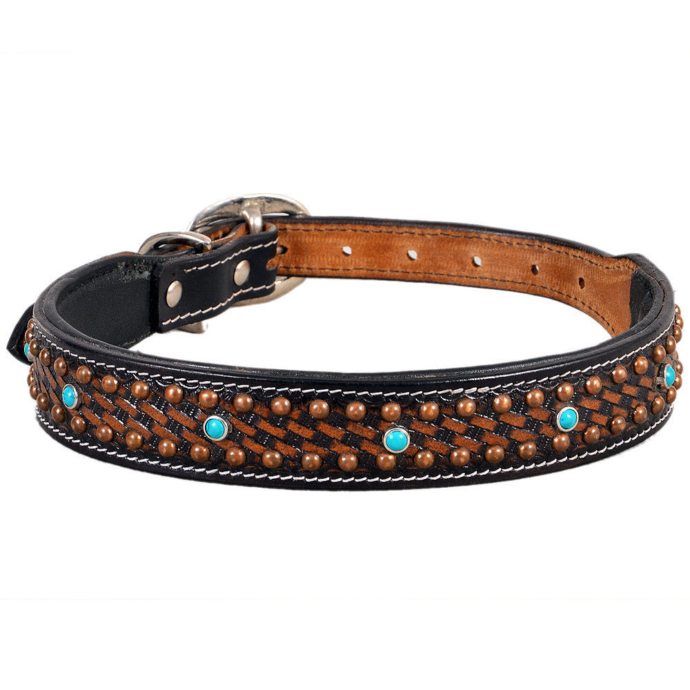 LARGE HEAVY DUTY HANDMADE GENUINE LEATHER HAND TOOLED DOG COLLAR BROWN