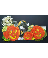 Vintage Flocked Halloween Black Cat &amp; Pumpkins Owl Die Cut Decoration 17x9&quot; - $24.99
