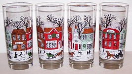 LOVELY SET OF 4 VINTAGE LIBBEY CHRISTMAS WINTER VILLAGE 6 1/4&quot; GLASS TUM... - $26.72