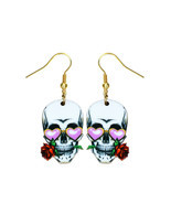 Sugar Skull Earrings Red Rose Pink Hearts Design Earrings Jewelry SSE-17 - $9.87