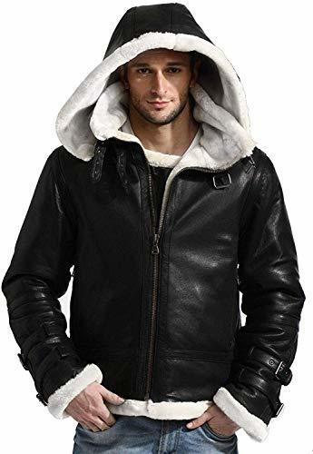 B3 Aviator Removable Hooded White Fur Shearling Bomber Black Leather Jacket